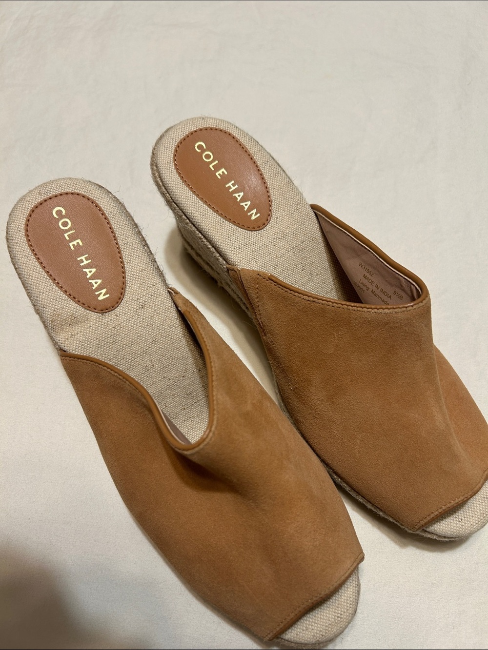 Cole Haan Cognac Suede Open-Toe Wedge Mules